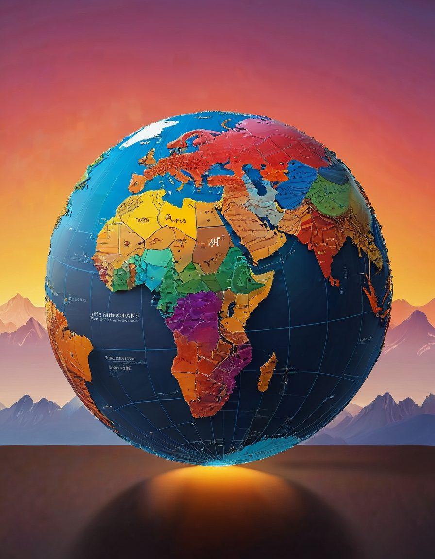 A stylized globe showcasing diverse cultures and landscapes intertwining with digital elements like graphs and data points, symbolizing global insights and trends. Vibrant flags from different countries are woven into a network that signifies connection and collaboration. A backdrop of a sunrise to represent hope and new perspectives. super-realistic. vibrant colors. 3D.
