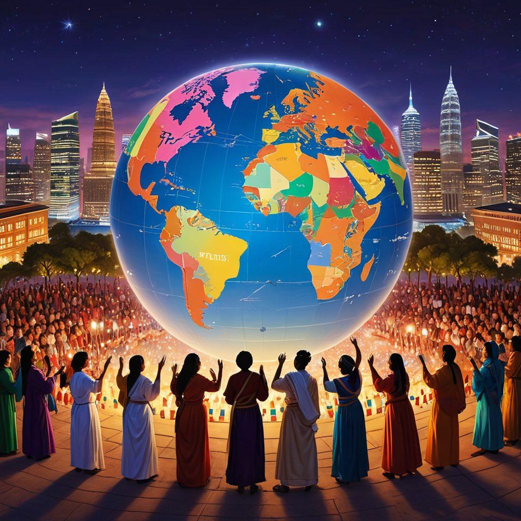 A globe surrounded by diverse individuals holding flags from their countries, engaging in animated discussions. Each person reflects different cultures, wearing traditional attire. In the background, a city skyline with iconic landmarks representing various nations. Soft glowing lights symbolizing connection and unity among cultures. vibrant colors. super-realistic.
