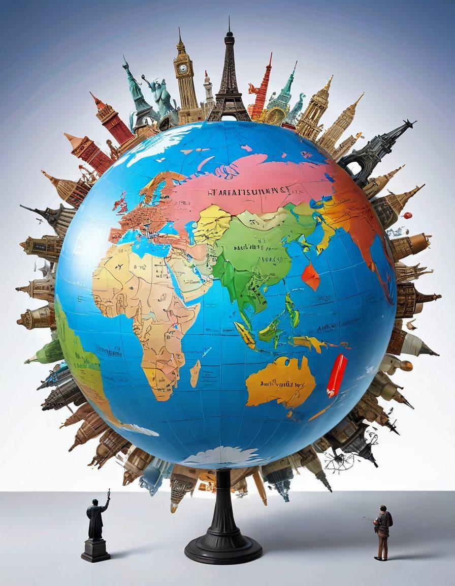 A globe surrounded by diverse world landmarks symbolizing various international events, with news headlines in different languages floating around. In the foreground, a diverse group of people from different cultures watching a digital news screen together. The scene is vibrant and engaging, reflecting the interconnectedness of global issues. super-realistic. vibrant colors. white background.